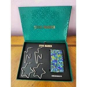 Steve Madden Silver-Tone Pave Stretch Bracelet with 2 Pairs of Hoop Earrings Set